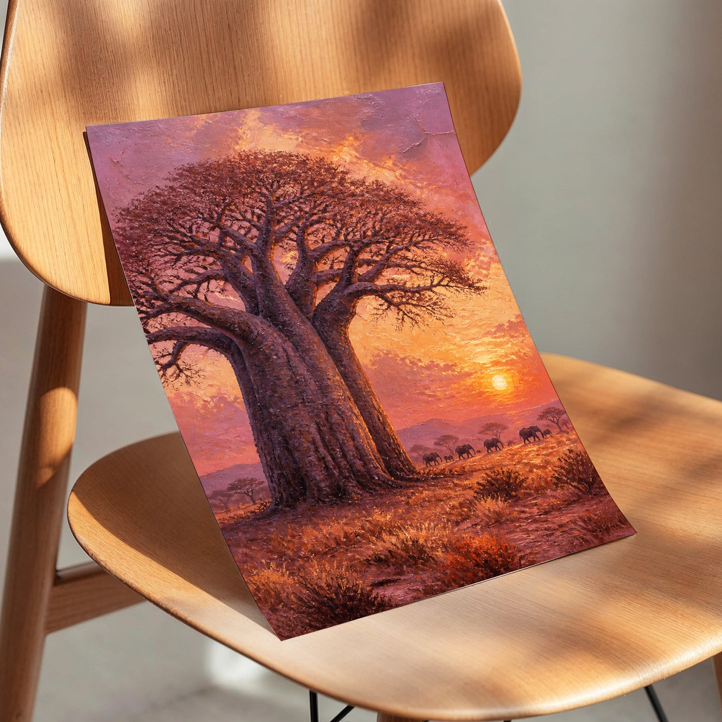 Baobab Sundown, brown, orange, purple nature wall art displayed in a styled interior, gallery view 3