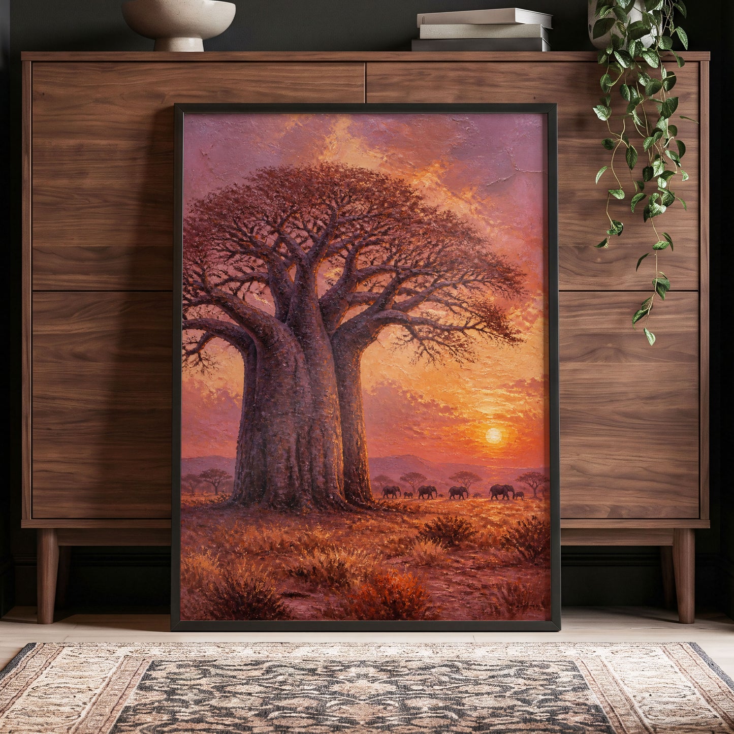 Baobab Sundown, brown, orange, purple nature wall art displayed in a styled interior, gallery view 4
