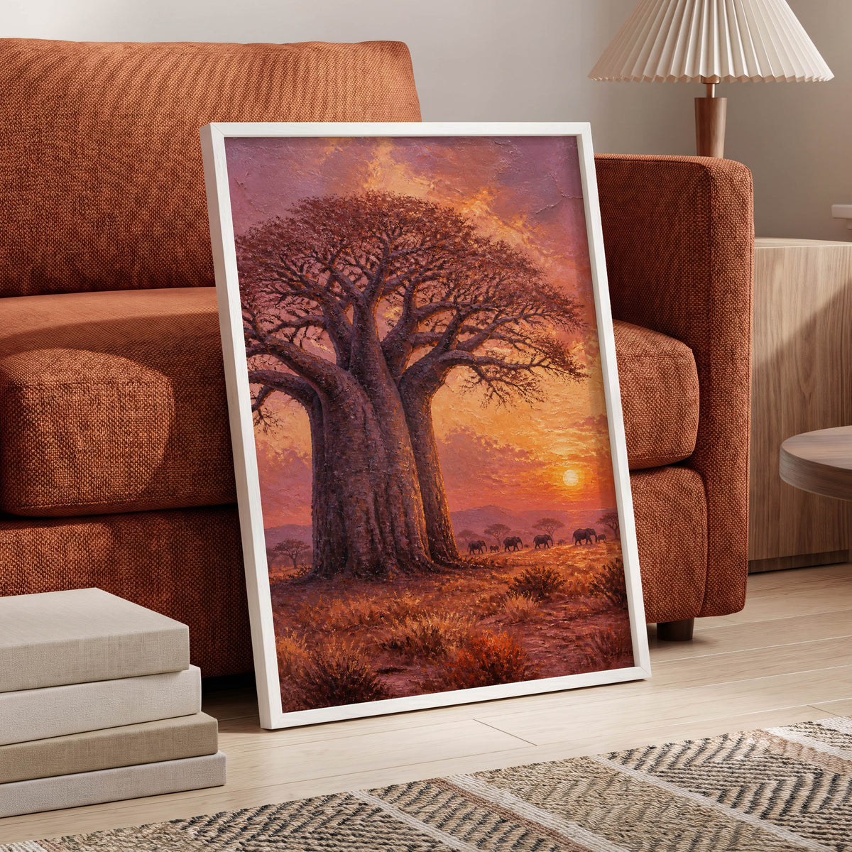 Baobab Sundown, brown, orange, purple nature wall art displayed in a styled interior, gallery view 5