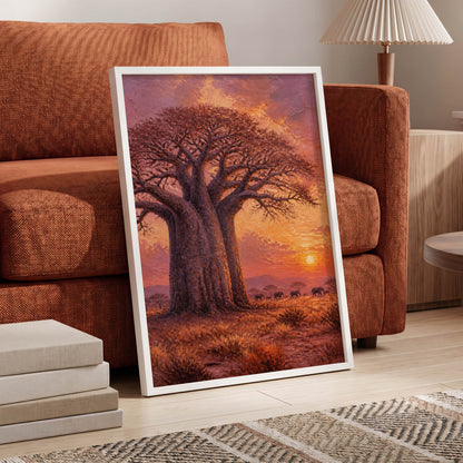 Baobab Sundown, brown, orange, purple nature wall art displayed in a styled interior, gallery view 5