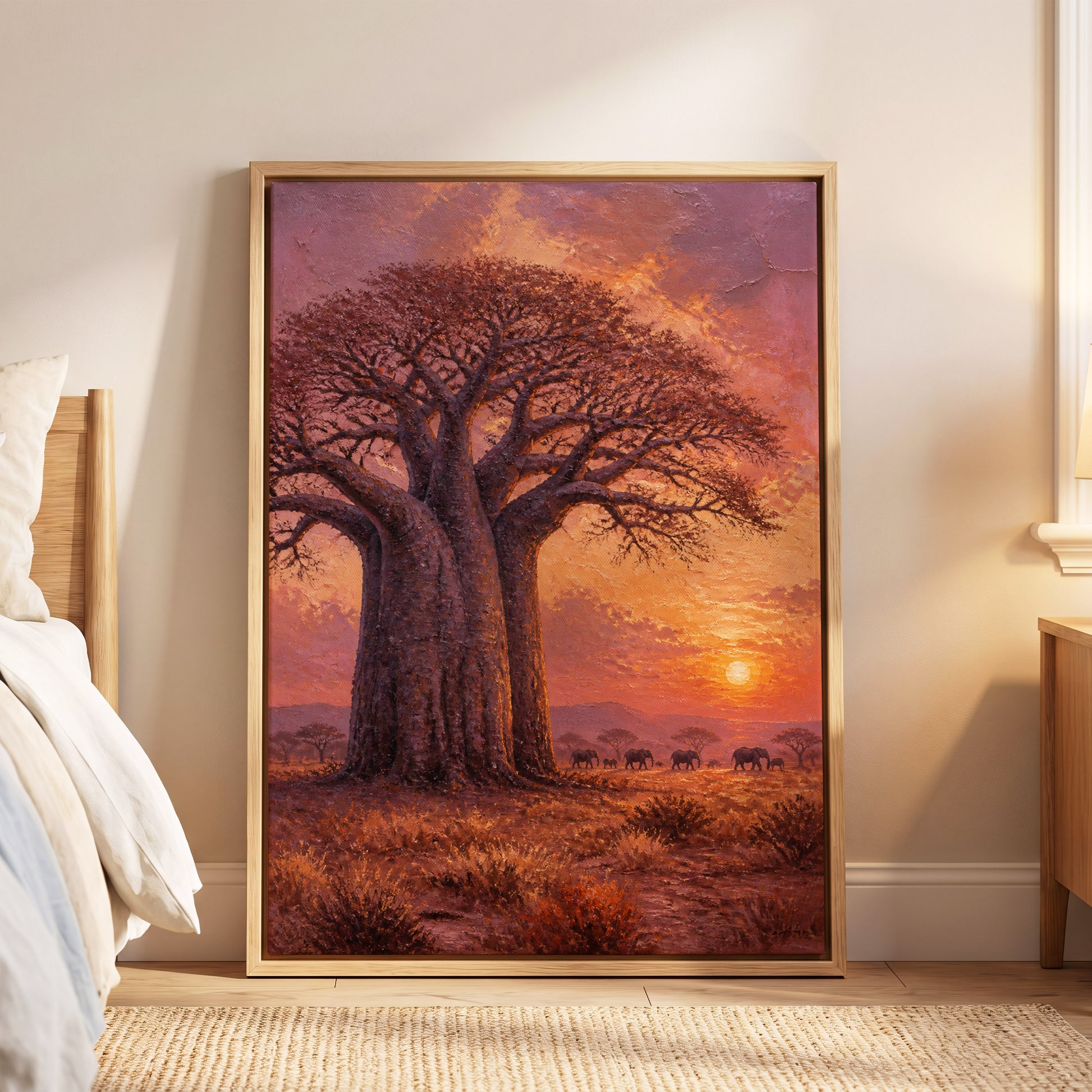 Baobab Sundown, brown, orange, purple nature wall art displayed in a styled interior, gallery view 6