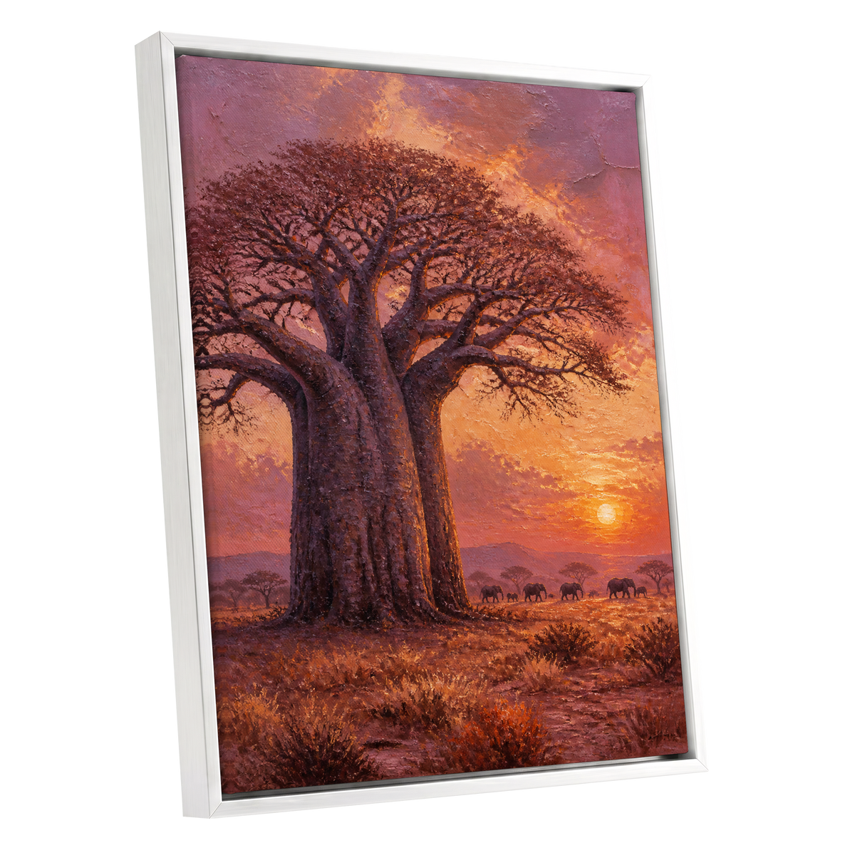 Baobab Sundown, brown, orange, purple nature wall art shown as a white framed canvas wall art