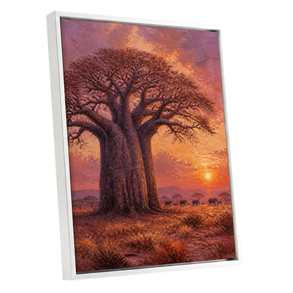 Baobab Sundown, brown, orange, purple nature wall art shown as a white framed canvas wall art