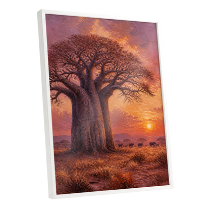 Baobab Sundown, brown, orange, purple nature wall art shown as a white framed poster wall art print