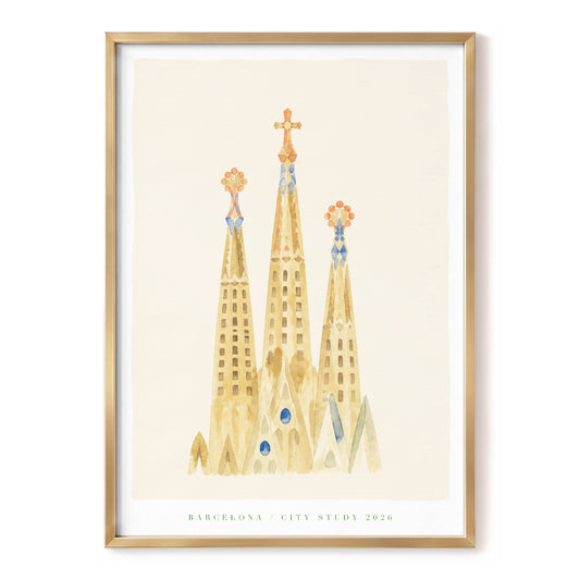 Barcelona Spires, beige, gold, blue minimalist wall art, front artwork view