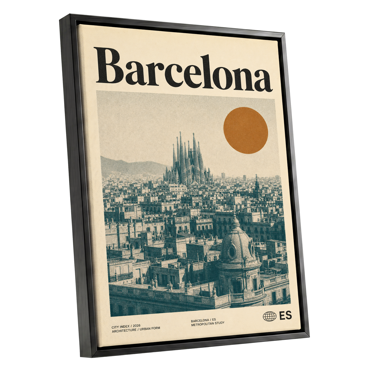 Barcelona Sun Study, beige, green, orange minimalist wall art shown as a black framed canvas wall art