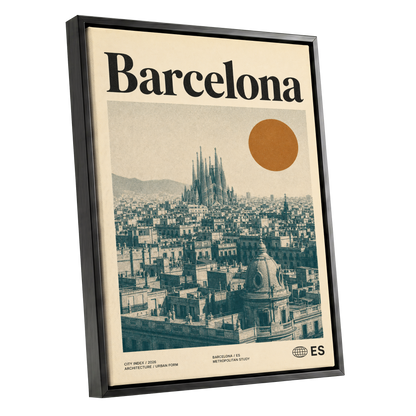Barcelona Sun Study, beige, green, orange minimalist wall art shown as a black framed canvas wall art