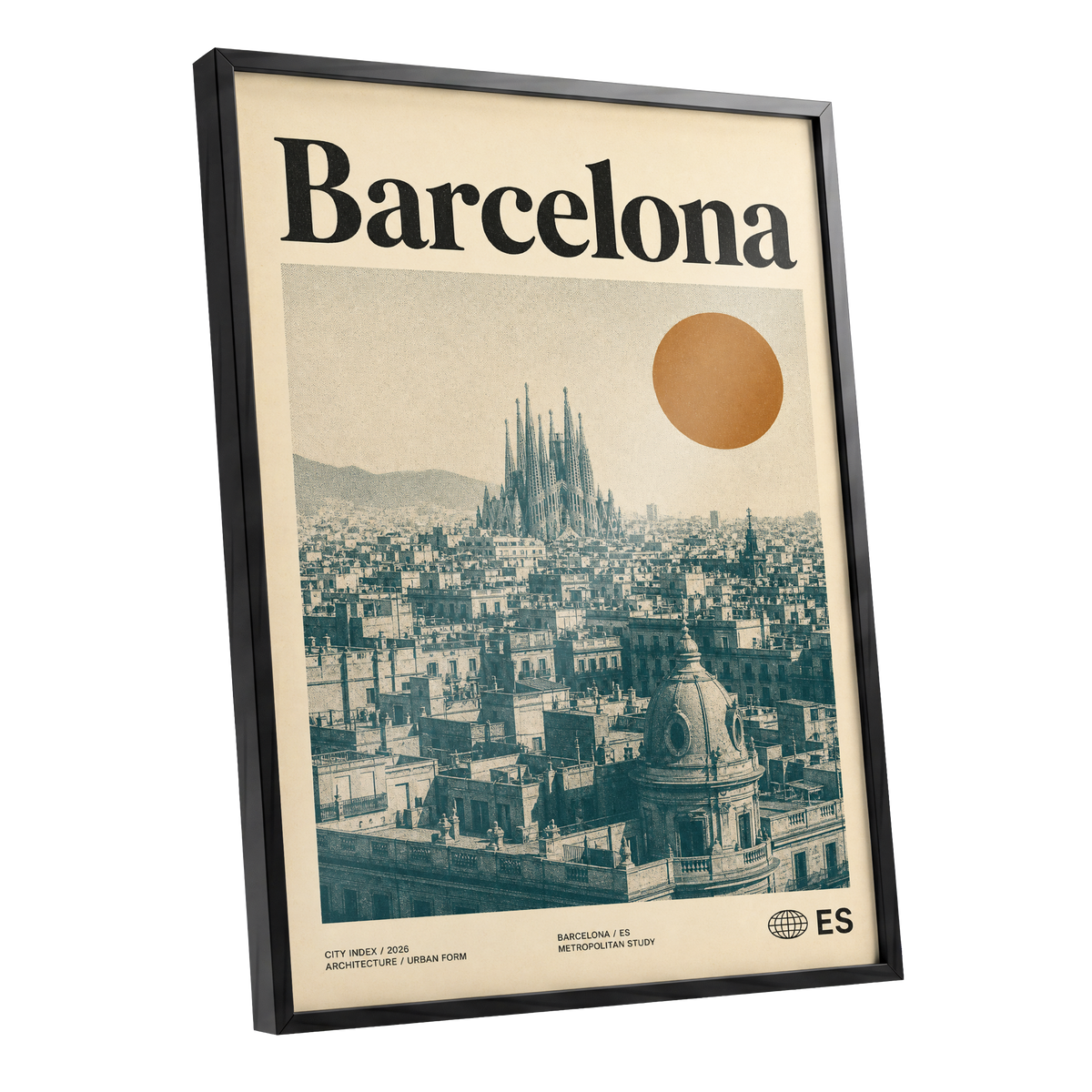 Barcelona Sun Study, beige, green, orange minimalist wall art shown as a black framed poster wall art print