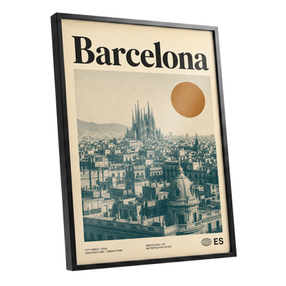 Barcelona Sun Study, beige, green, orange minimalist wall art shown as a black framed poster wall art print
