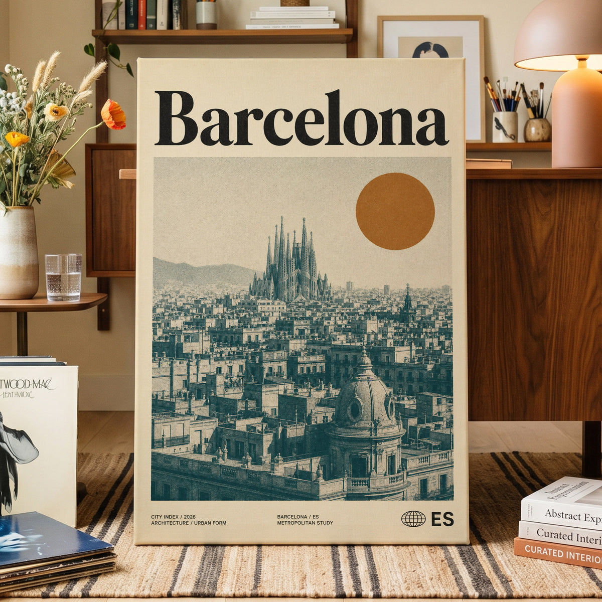 Barcelona Sun Study, beige, green, orange minimalist wall art on canvas displayed in a styled interior, gallery view 1