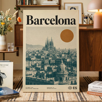 Barcelona Sun Study, beige, green, orange minimalist wall art on canvas displayed in a styled interior, gallery view 1