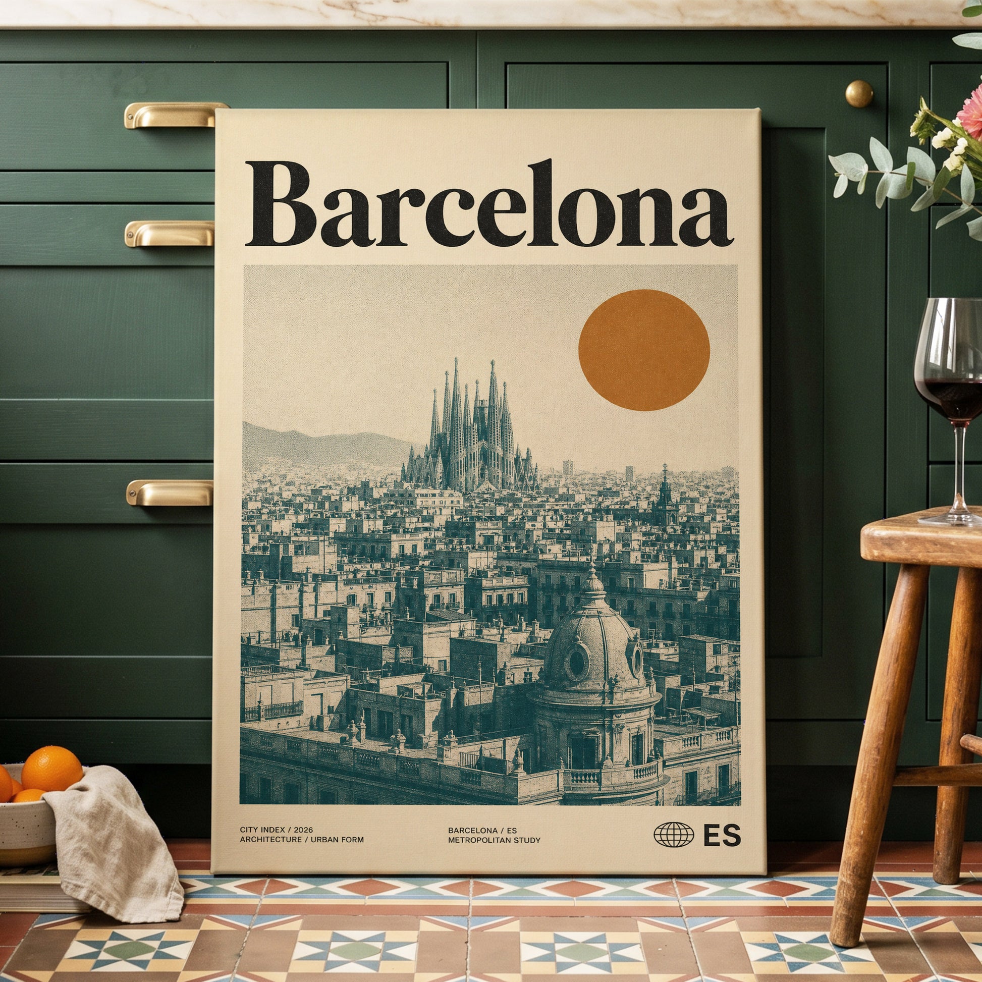 Barcelona Sun Study, beige, green, orange minimalist wall art on canvas displayed in a styled interior, gallery view 2