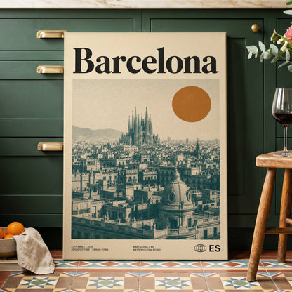 Barcelona Sun Study, beige, green, orange minimalist wall art on canvas displayed in a styled interior, gallery view 2