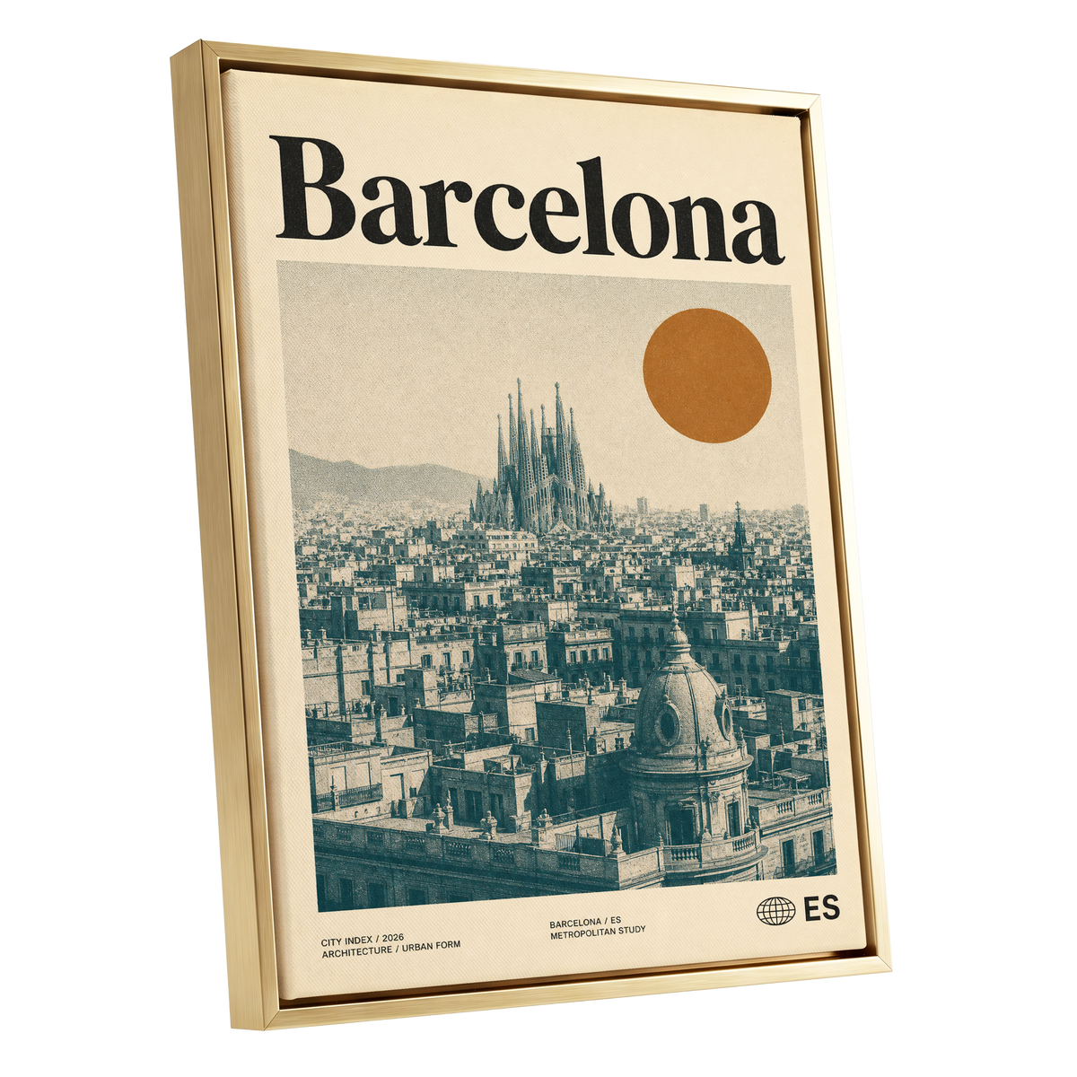 Barcelona Sun Study, beige, green, orange minimalist wall art shown as a gold framed canvas wall art