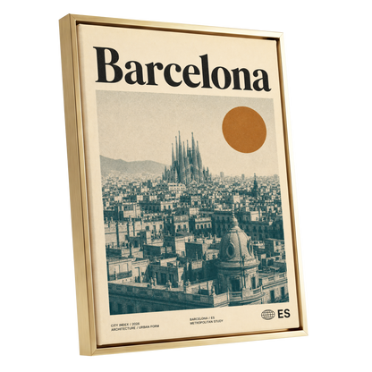 Barcelona Sun Study, beige, green, orange minimalist wall art shown as a gold framed canvas wall art