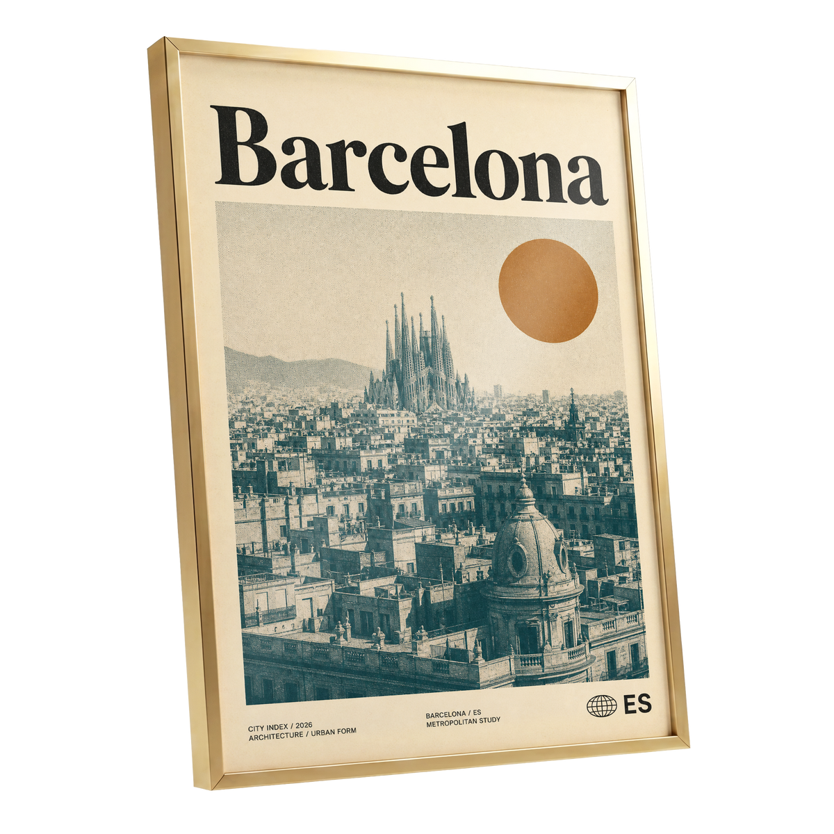 Barcelona Sun Study, beige, green, orange minimalist wall art shown as a gold framed poster wall art print