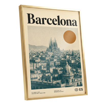 Barcelona Sun Study, beige, green, orange minimalist wall art shown as a gold framed poster wall art print