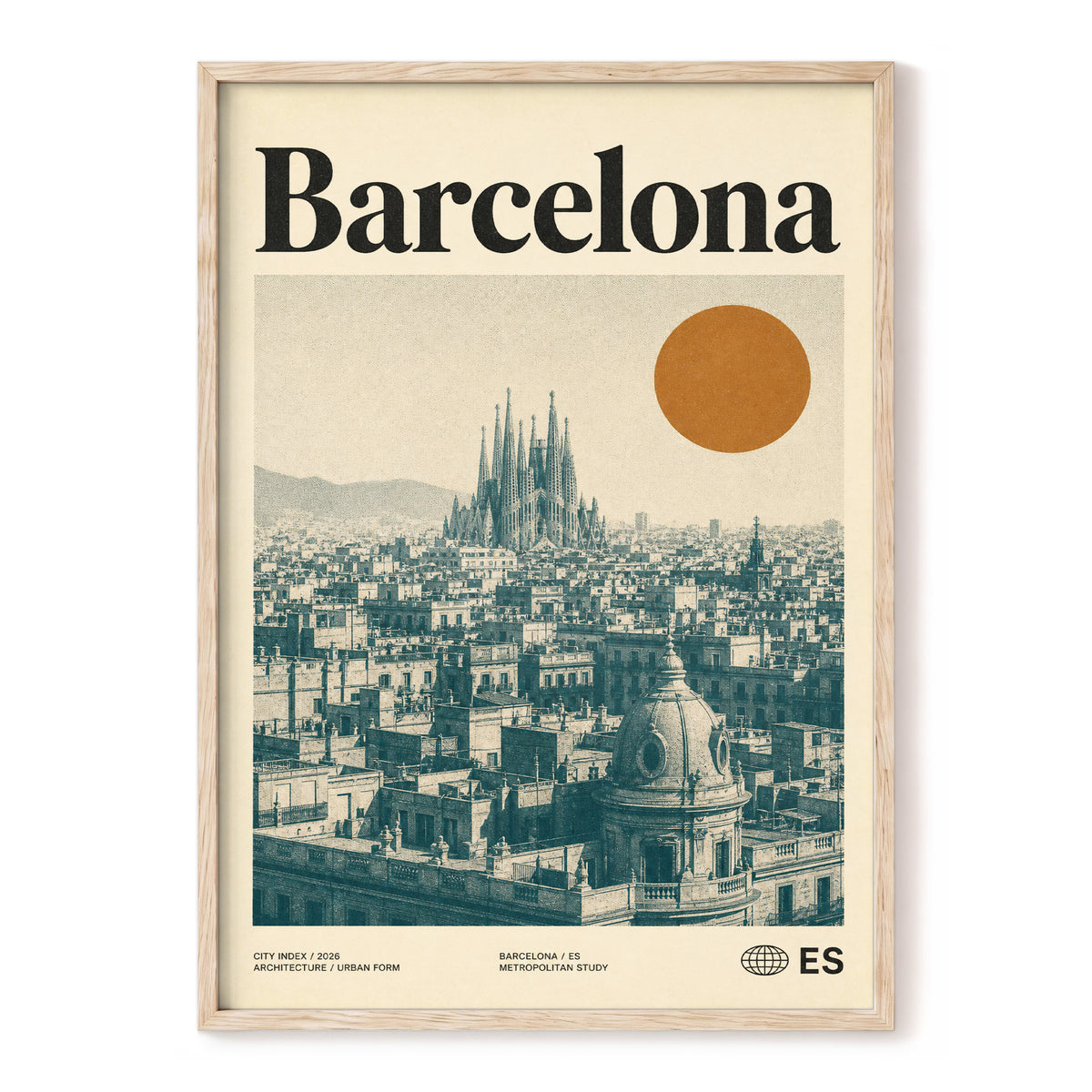 Barcelona Sun Study, beige, green, orange minimalist wall art, front artwork view