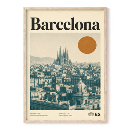 Barcelona Sun Study, beige, green, orange minimalist wall art, front artwork view