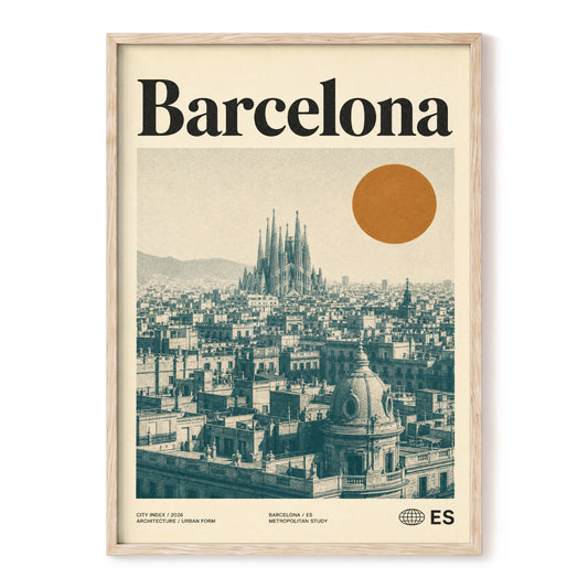 Barcelona Sun Study, beige, green, orange minimalist wall art, front artwork view