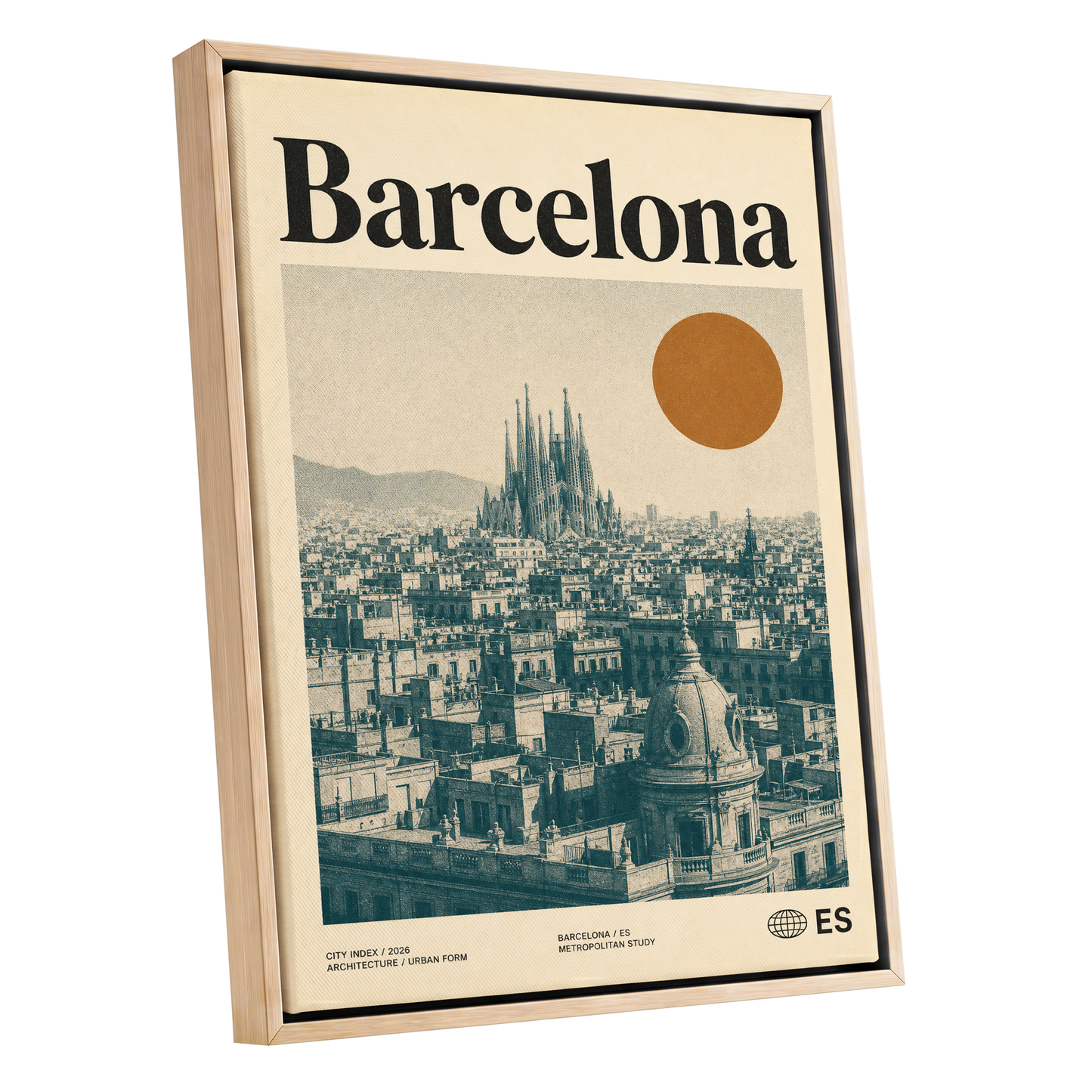 Barcelona Sun Study, beige, green, orange minimalist wall art shown as a oak framed canvas wall art