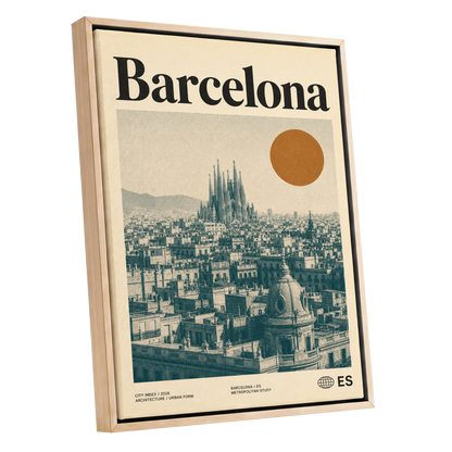 Barcelona Sun Study, beige, green, orange minimalist wall art shown as a oak framed canvas wall art