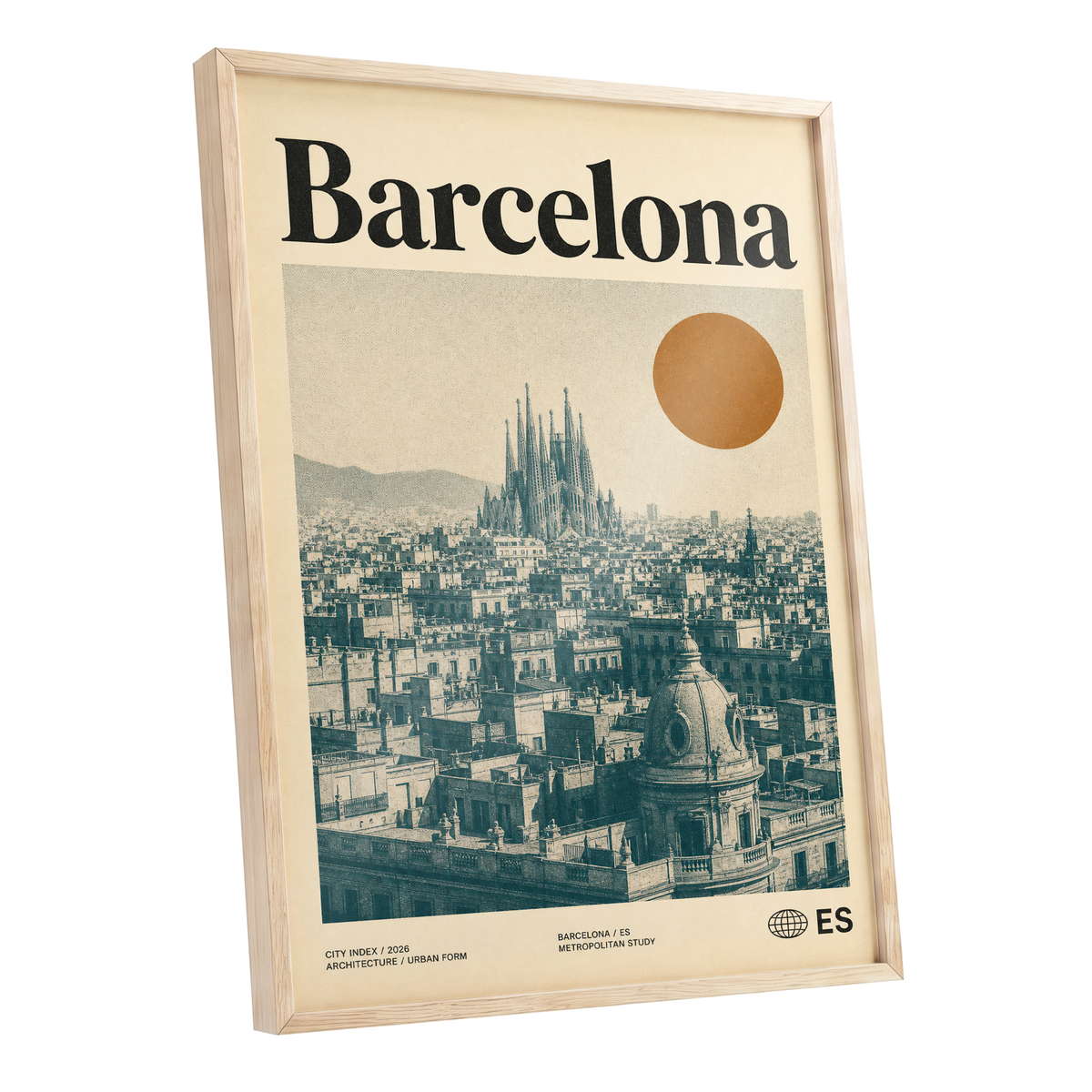 Barcelona Sun Study, beige, green, orange minimalist wall art shown as a oak framed poster wall art print