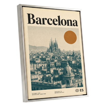 Barcelona Sun Study, beige, green, orange minimalist wall art shown as a silver framed canvas wall art