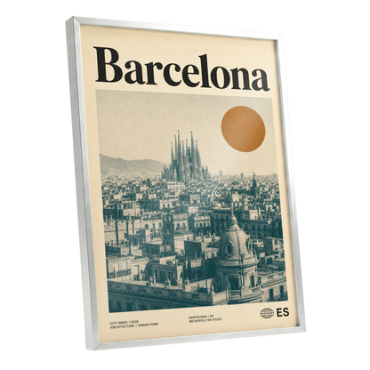 Barcelona Sun Study, beige, green, orange minimalist wall art shown as a silver framed poster wall art print