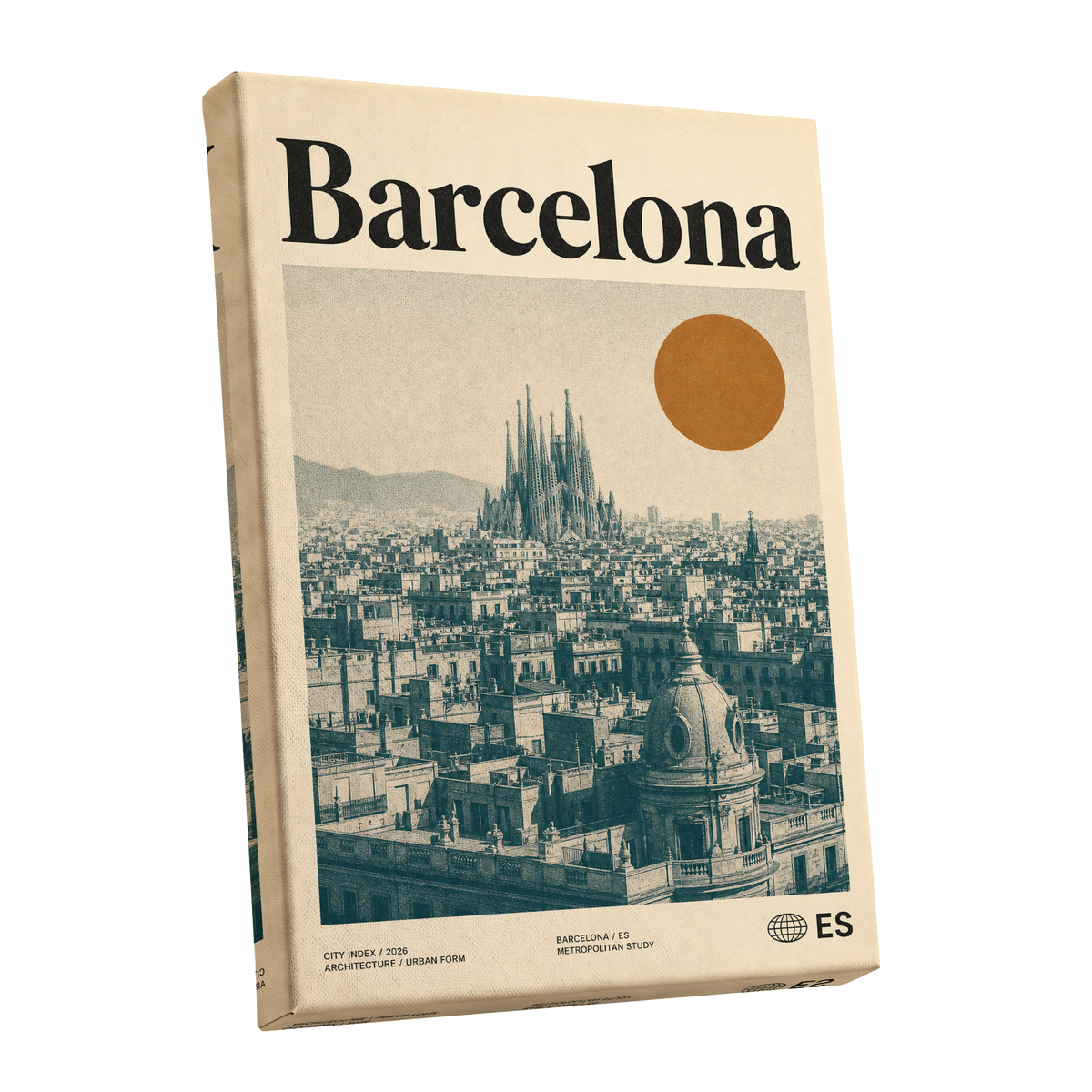 Barcelona Sun Study, beige, green, orange minimalist wall art shown as a stretched canvas wall art