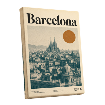 Barcelona Sun Study, beige, green, orange minimalist wall art shown as a stretched canvas wall art