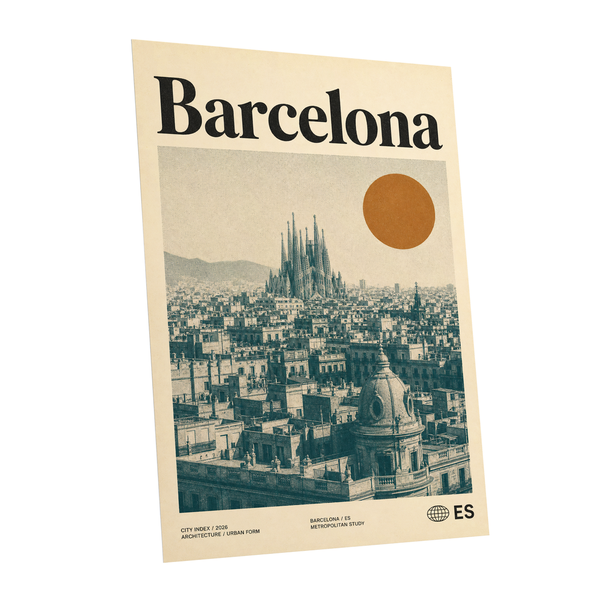 Barcelona Sun Study, beige, green, orange minimalist wall art shown as a unframed poster wall art print