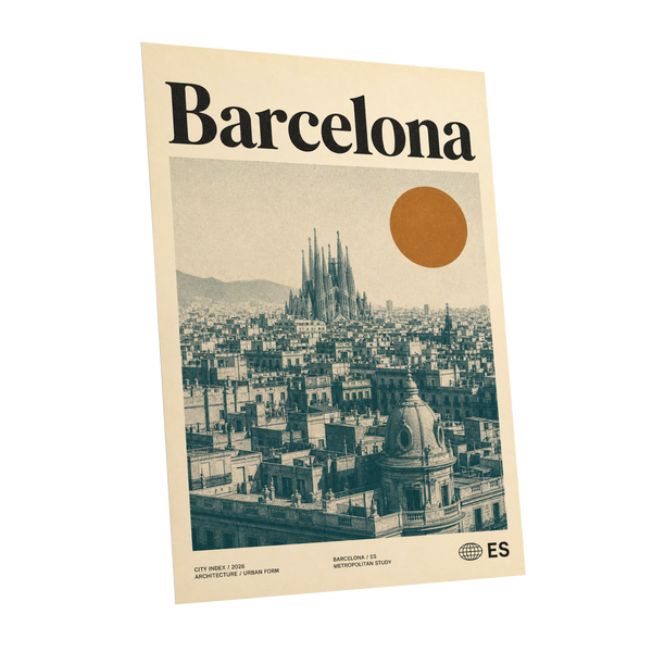 Barcelona Sun Study, beige, green, orange minimalist wall art shown as a unframed poster wall art print
