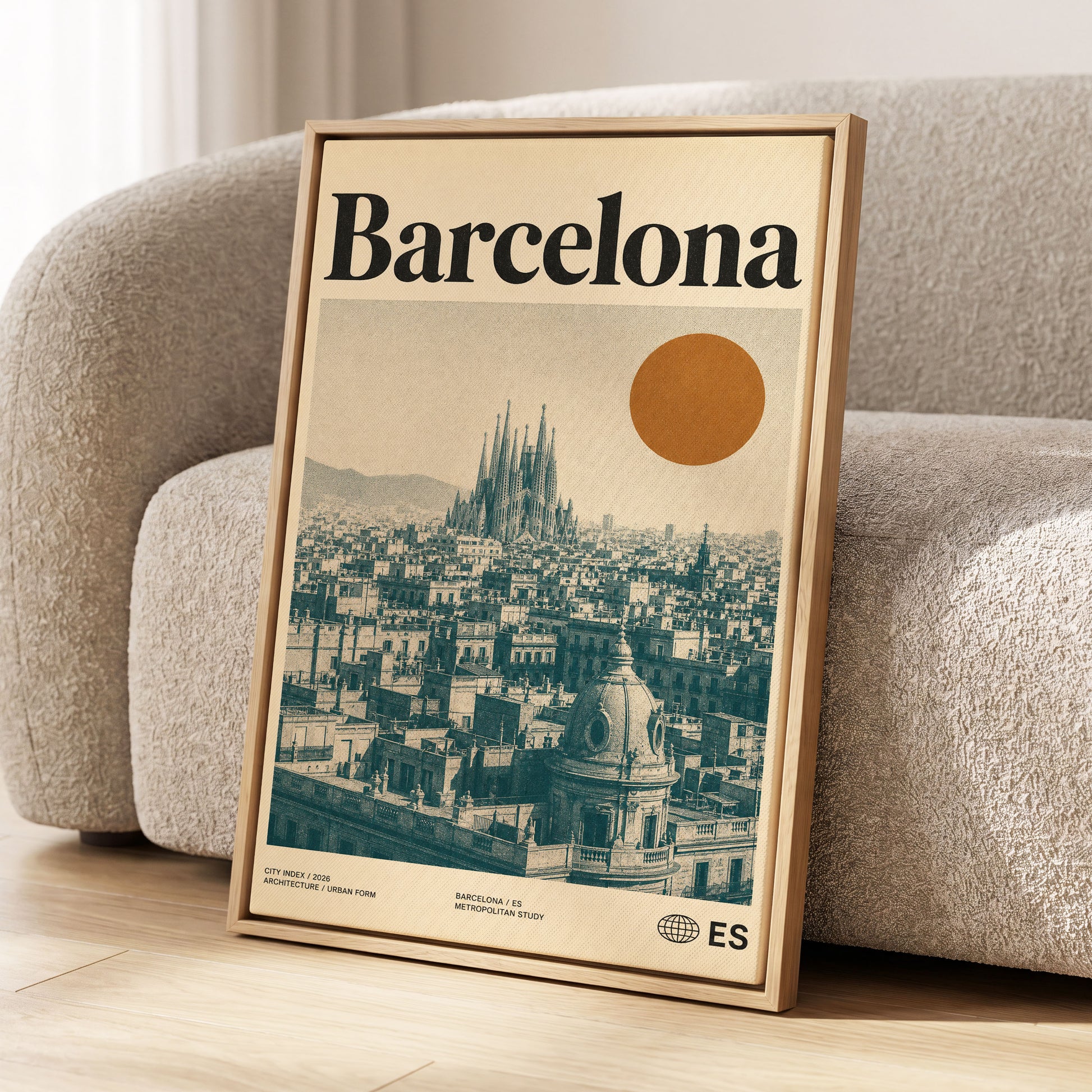 Barcelona Sun Study, beige, green, orange minimalist wall art displayed in a styled interior, gallery view 1