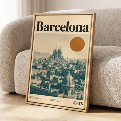 Barcelona Sun Study, beige, green, orange minimalist wall art displayed in a styled interior, gallery view 1