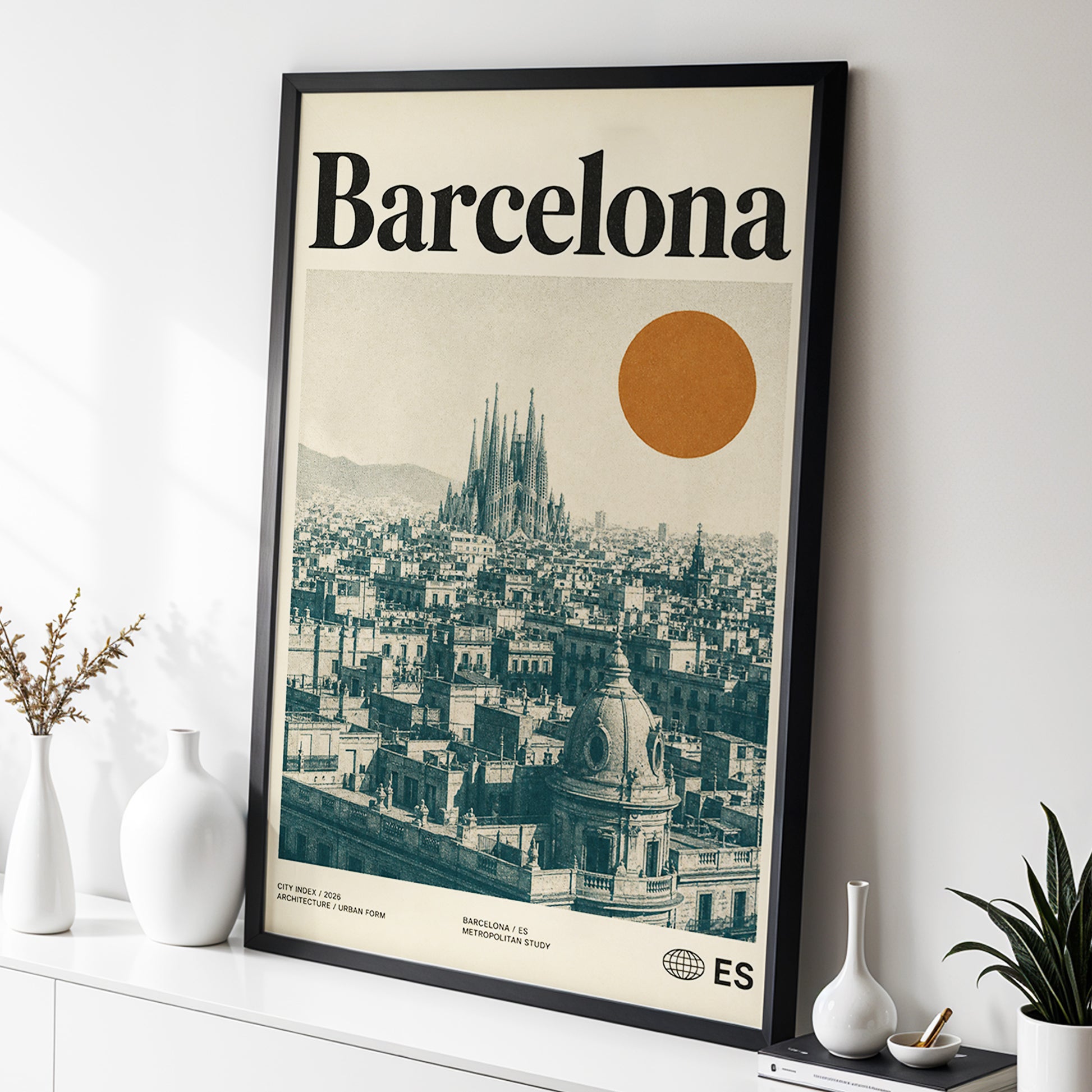 Barcelona Sun Study, beige, green, orange minimalist wall art displayed in a styled interior, gallery view 2