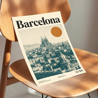 Barcelona Sun Study, beige, green, orange minimalist wall art displayed in a styled interior, gallery view 3