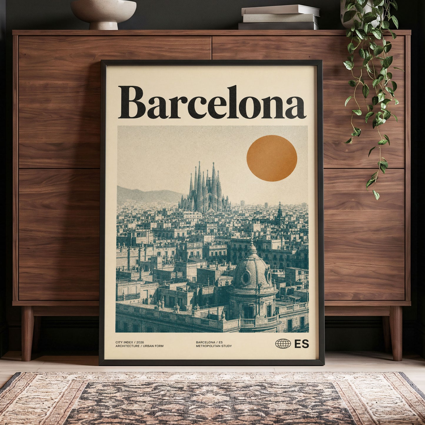 Barcelona Sun Study, beige, green, orange minimalist wall art displayed in a styled interior, gallery view 4