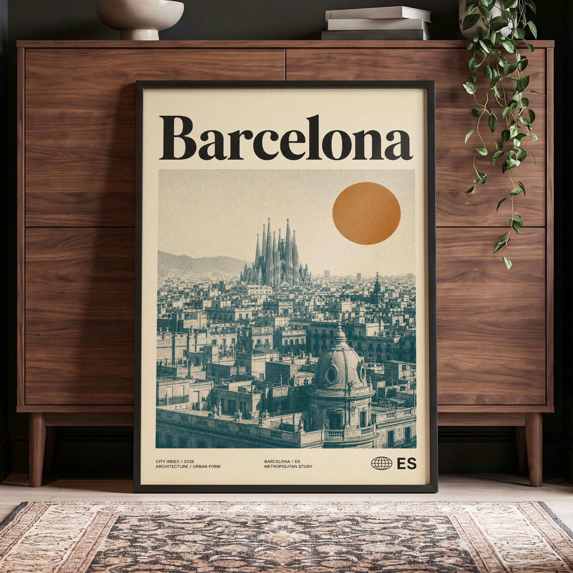 Barcelona Sun Study, beige, green, orange minimalist wall art displayed in a styled interior, gallery view 4