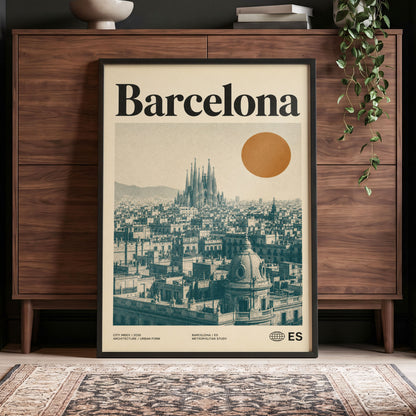 Barcelona Sun Study, beige, green, orange minimalist wall art displayed in a styled interior, gallery view 4