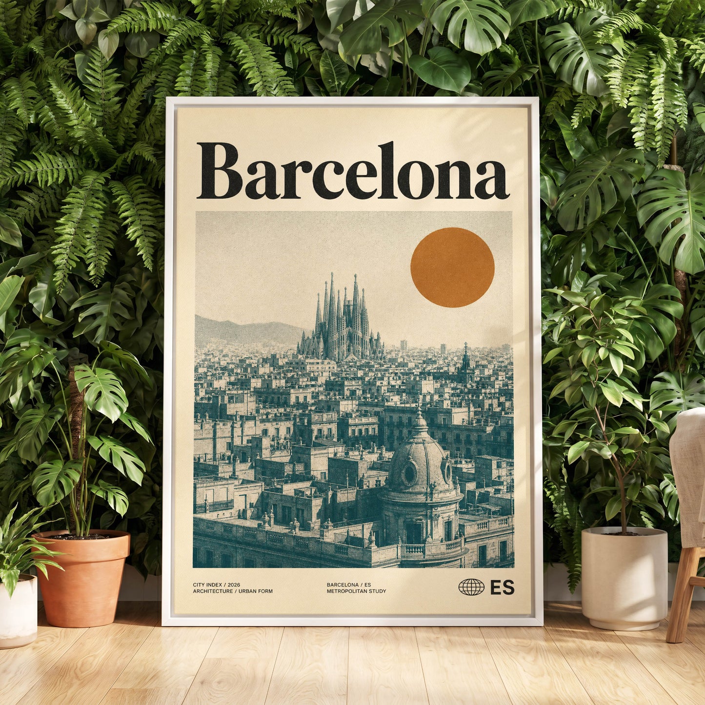 Barcelona Sun Study, beige, green, orange minimalist wall art displayed in a styled interior, gallery view 5