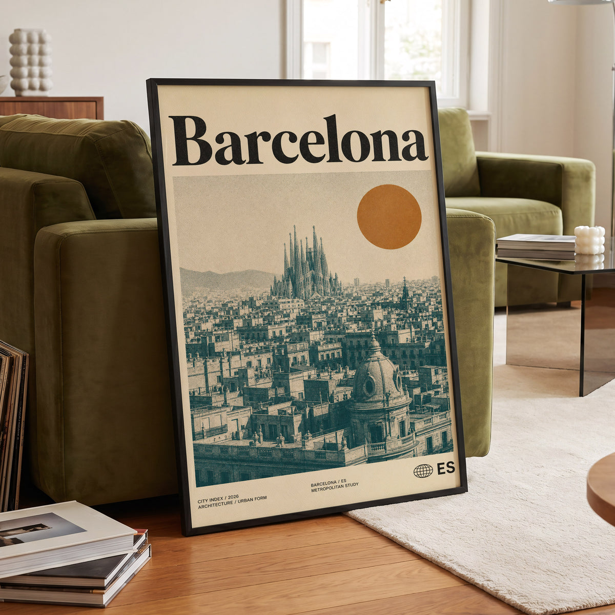 Barcelona Sun Study, beige, green, orange minimalist wall art displayed in a styled interior, gallery view 6