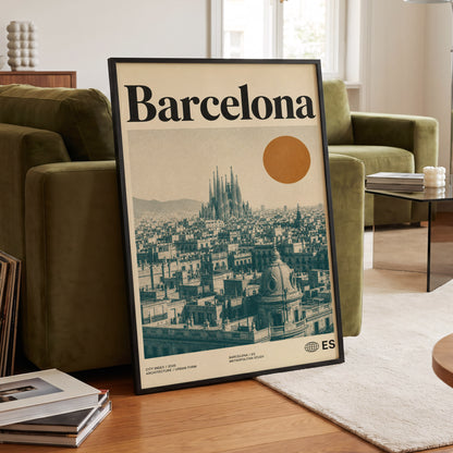 Barcelona Sun Study, beige, green, orange minimalist wall art displayed in a styled interior, gallery view 6