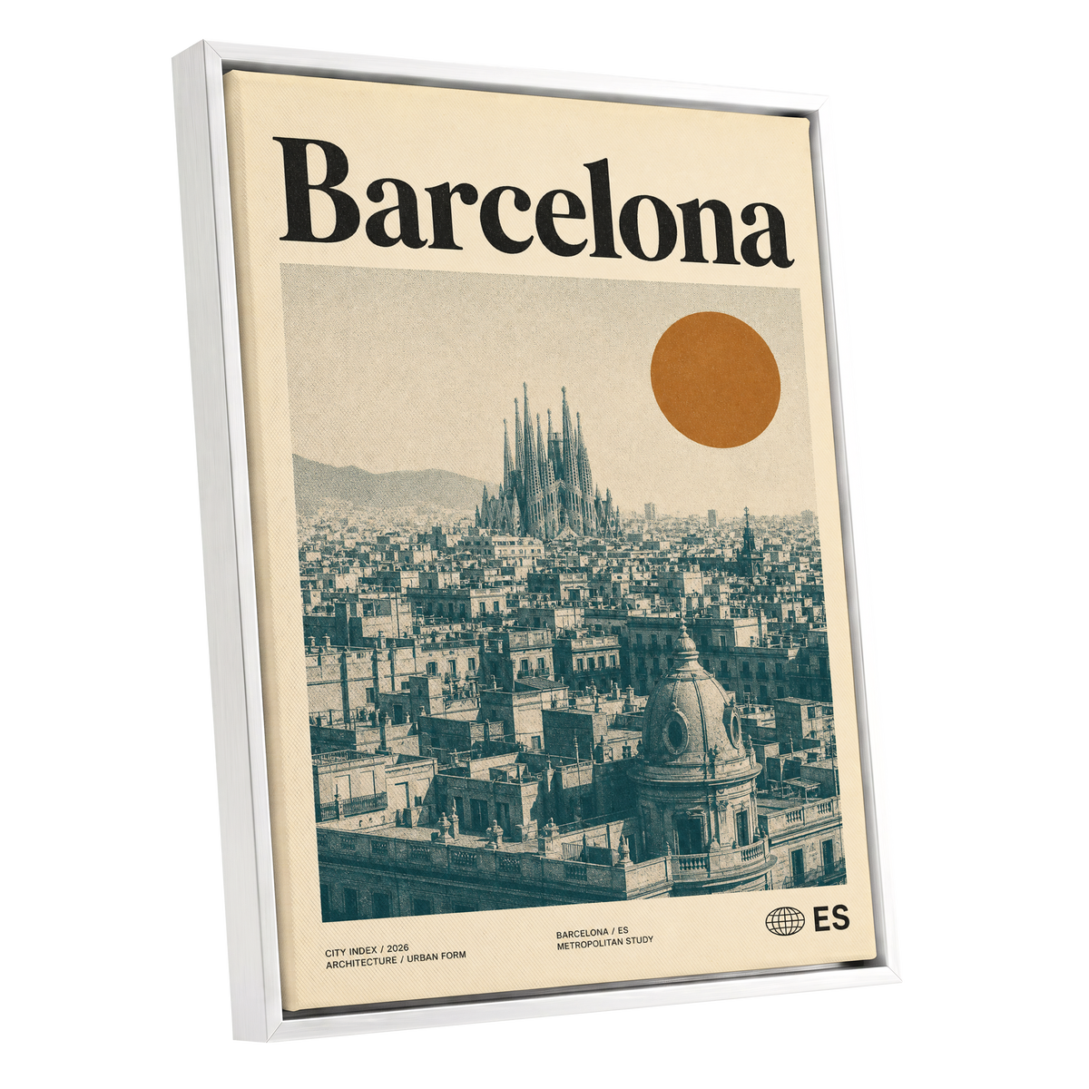 Barcelona Sun Study, beige, green, orange minimalist wall art shown as a white framed canvas wall art