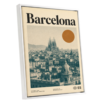 Barcelona Sun Study, beige, green, orange minimalist wall art shown as a white framed canvas wall art