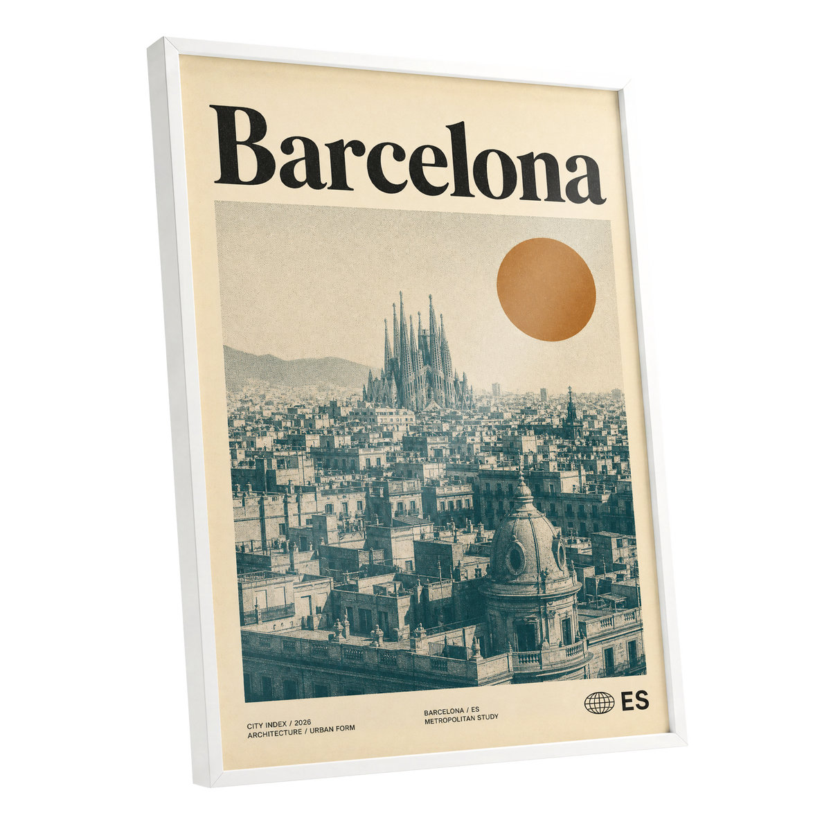 Barcelona Sun Study, beige, green, orange minimalist wall art shown as a white framed poster wall art print