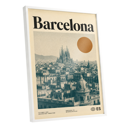Barcelona Sun Study, beige, green, orange minimalist wall art shown as a white framed poster wall art print