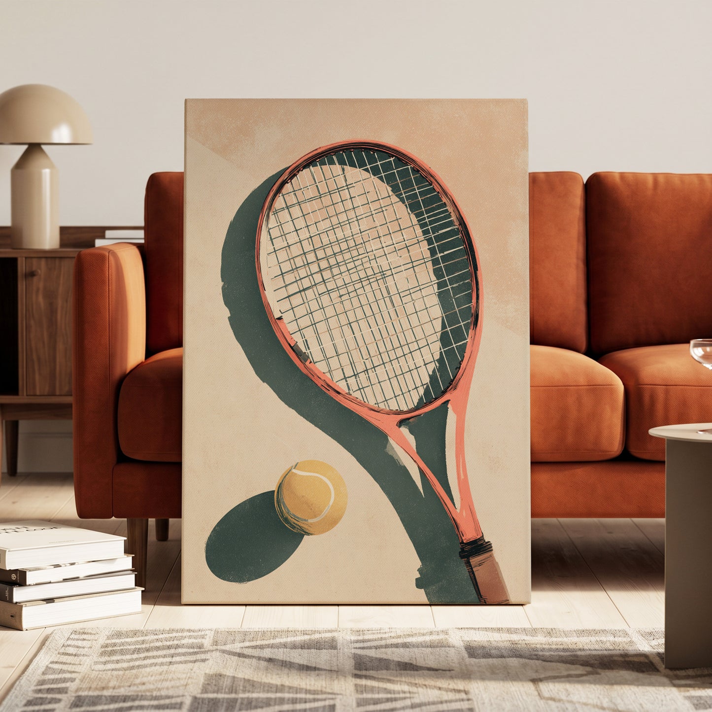 Baseline Shadows, beige, red, green minimalist wall art on canvas displayed in a styled interior, gallery view 1