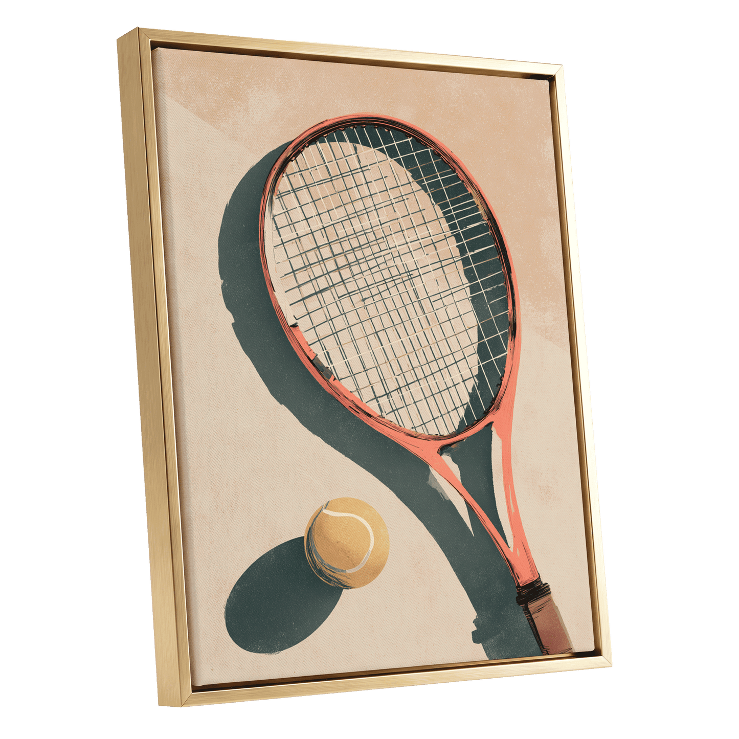 Baseline Shadows, beige, red, green minimalist wall art shown as a gold framed canvas wall art