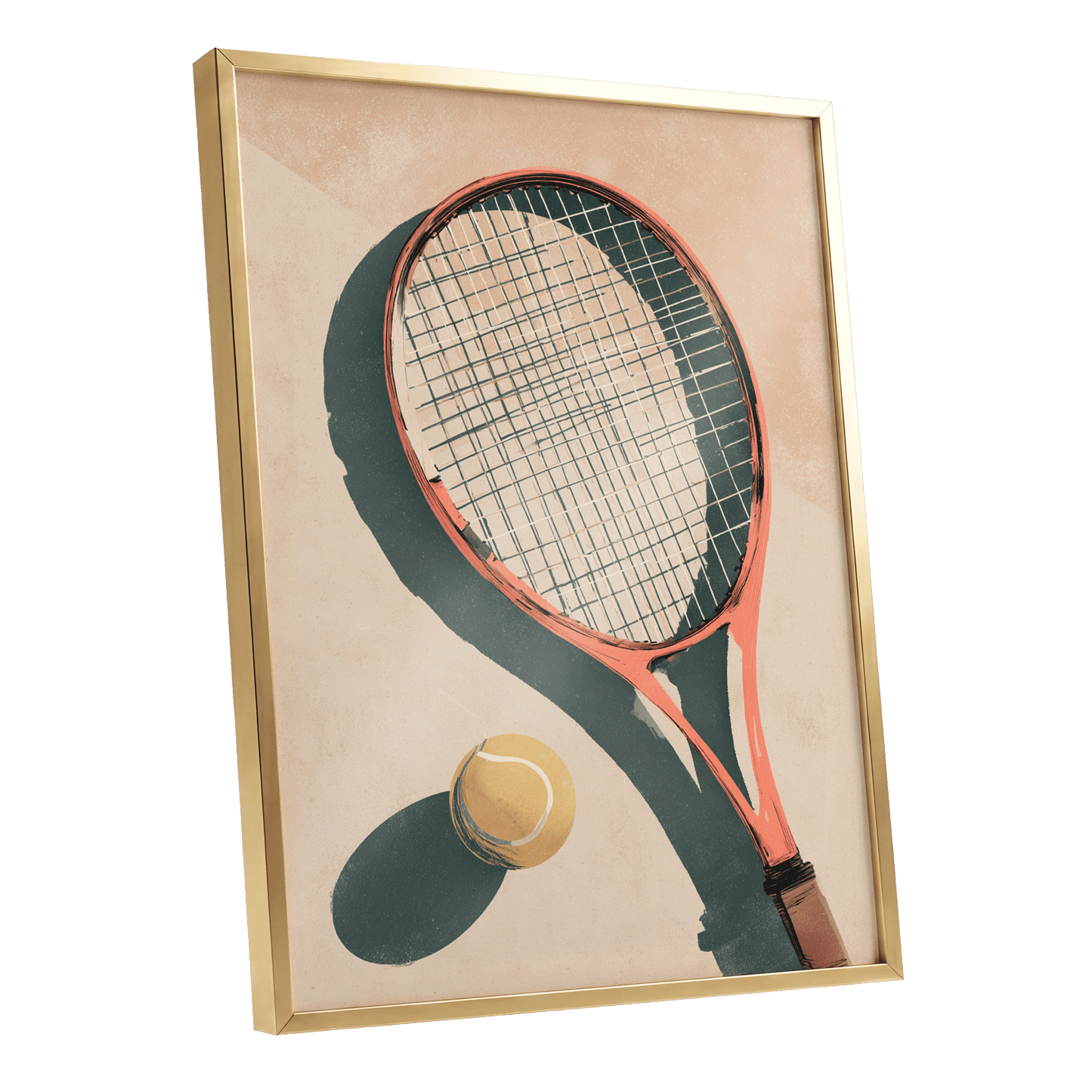 Baseline Shadows, beige, red, green minimalist wall art shown as a gold framed poster wall art print